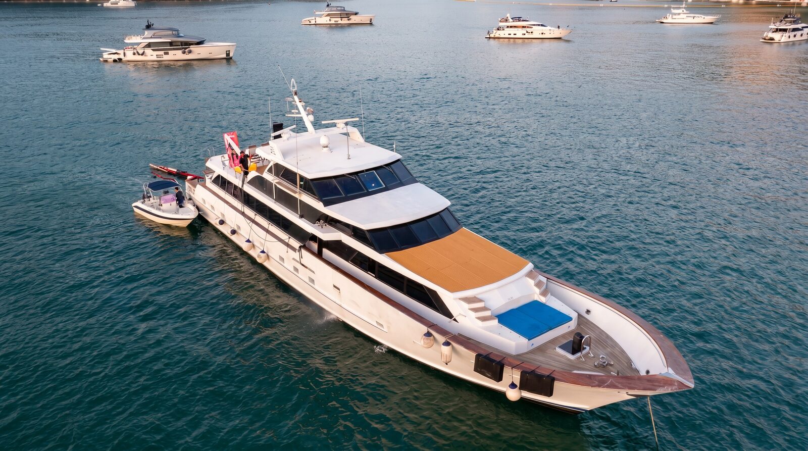 Aerial view of Sea Tiger with her tender alongside, in Hong Kong waters